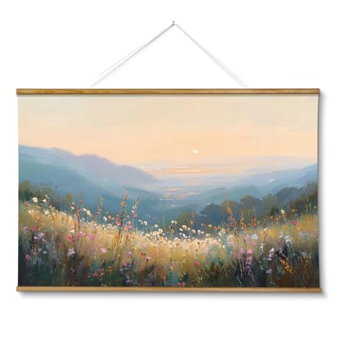 VIYYIEA Extra Large Canvas Wall Art - Sunset Mountain Landscape, 36x54 Inch - color: Sunlit Hills Beyond the Blooming Flowers