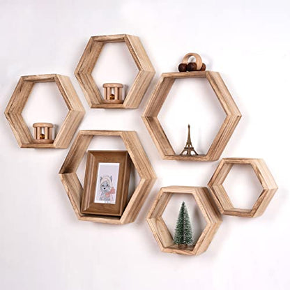 WONFUlity Hexagon Floating Shelves, Hexagonal Shelf Wall Mounted Storage - color: Light Brown, size: 8PC