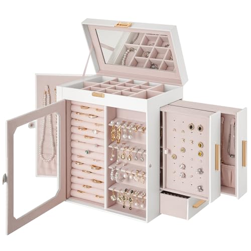 HOOBRO Jewelry Box with Mirror, Travel Jewelry Organizer with Glass Window - color: White + Gold