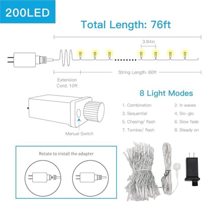 suddus String Lights Indoor Plug in 200 LED Christmas Lights Warm White - color: Warm White, size: 200LED