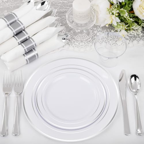 WELLIFE 210 Piece Silver Plastic Dinnerware Set for 30 Guests, Include: 30 Dinner Plates, 30 Dessert Plates, 30 Pre Rolled Napkins with Silverware and 30 Silver Cups - color: Silver, style: 210PCS（30 Guests）