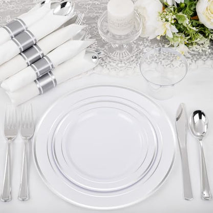 WELLIFE 210 Piece Silver Plastic Dinnerware Set for 30 Guests, Include: 30 Dinner Plates, 30 Dessert Plates, 30 Pre Rolled Napkins with Silverware and 30 Silver Cups - color: Silver, style: 210PCS（30 Guests）