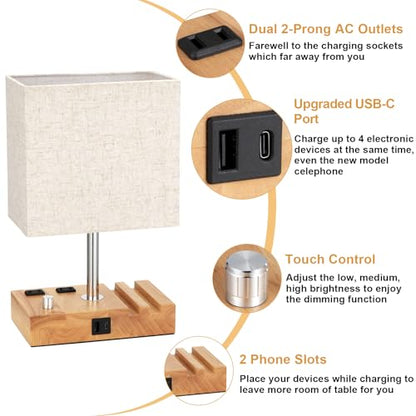 Wood Grain Table Lamp for Bedroom, Stepless Dimmable, USB C+A, 2 AC Outlets - color: Wood Grain with Knob Switch, size: 1 Pack