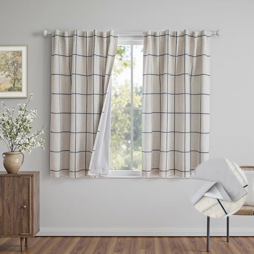 MYSKY HOME 100% Blackout Plaid Linen Curtains 45 Inches Long Double Layer Farmhouse Thermal Insulated Checkered Print Drapes with Back Tab Rod Pocket for Bedroom, 2 Panels, 52" Wide, Navy Blue - color: Navy Blue, size: 52"W x 45"L (Pack of 2)
