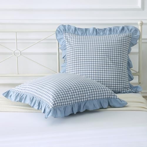 Mywinlle Dusty Blue Plaid Ruffle Gingham Throw Pillow Covers 18"x18" - color: Blue Plaid, size: 18" x 18" (Pack of 2)