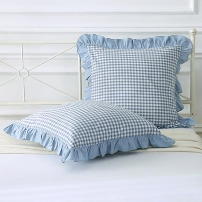 Mywinlle Dusty Blue Plaid Ruffle Gingham Throw Pillow Covers 18"x18" - color: Blue Plaid, size: 18" x 18" (Pack of 2)