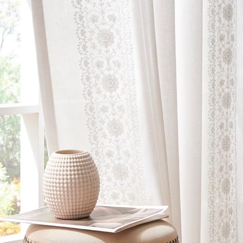 jinchan Floral Linen Curtains Embroidered Back Tab 54Wx84L 2 Panels - color: Floral| Off White, size: 54"W x 84"L (Pack of 2)