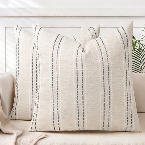 AELS 26x26 Decorative Farmhouse Linen Throw Pillow Covers, Boho Textured Pillow Case, Set of 2, Beige with White & Gray Stitch Yarn Dyed Stripe Cushion Cover for Sofa Couch Living Room (Cover ONLY) - color: Beige With White & Gray, size: 26" x 26" (Pack o