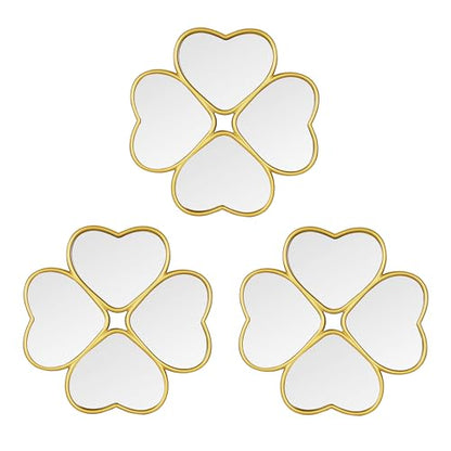 Small Decoritive Heart Wall Mirrors Set of 3, Decorative Four-Leaf Clover Mirror (Gold)