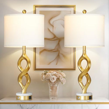Cinyirong 30" White and Gold Table Lamps Set of 2 for Living Room, Modern Touch Control Bedside Lamps for Bedroom, 3-Way Dimmable Sculptural Resin Nightstand Lamps with USB A+C Ports and 2 LED Bulbs - color: White & Gold (2 Pack)