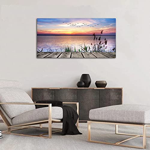 Large Lake Dock Sunset Wall Art, Flying Birds Beach Landscape, 20" x 40" - color: Sunset Lake, size: 40"L x 20"W