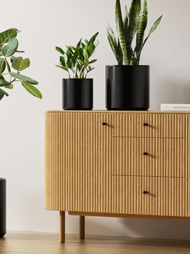 LE TAUCI 10+8+6 Inch Ceramic Pots for Plants, Indoor Planters with Drainage Hole and Plug, Modern Cylinder Flower Pots Set of 3 for Office and Living Room, Satin, Black - color: Black