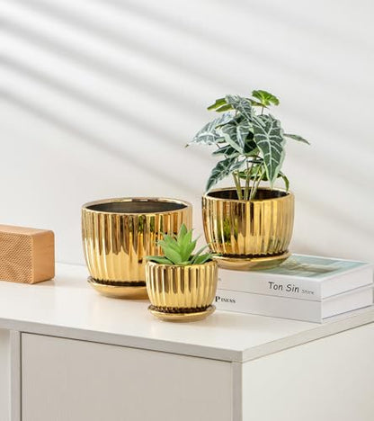 Plant Pots,Ceramic Flower Pots with Drainage Holes & Saucers Set of 3（Gold） - color: Gold