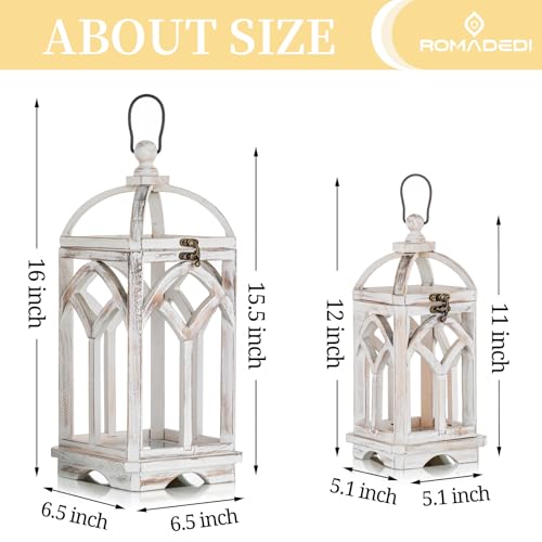 Romadedi Set of 2 Farmhouse Wood Candle Lanterns Decorative, Whitewashed - color: Washedwhite