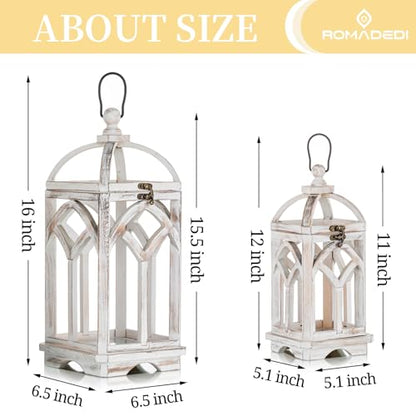 Romadedi Set of 2 Farmhouse Wood Candle Lanterns Decorative, Whitewashed - color: Washedwhite