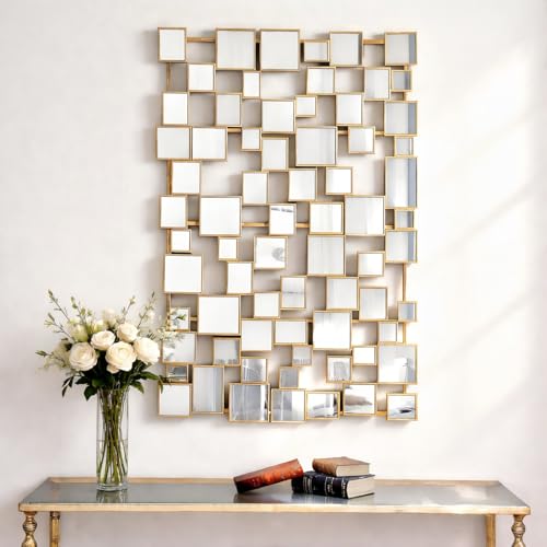 Gold Modern Wall Mirror - 45"×30" Large Metal Framed Decorative Mirror, Unique Mosaic Design Wall Mirrors for Living Room Entryway Hallway Home Art Decor - color: Gold, size: 45"L x 30"W