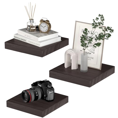 PopiShelves Small Floating Shelves for Wall - 9 Inch Square Rustic Brown Shelves for Bedroom, Living Room, Bathroom, Kitchen, Office Decor Set of 3 - color: Rustic Brown, size: 9"