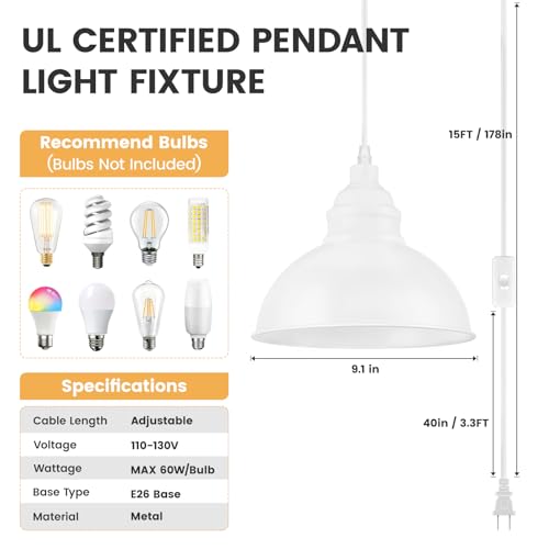Plug in Pendant Light, 15FT Hanging Lights, On/Off Switch - color: White
