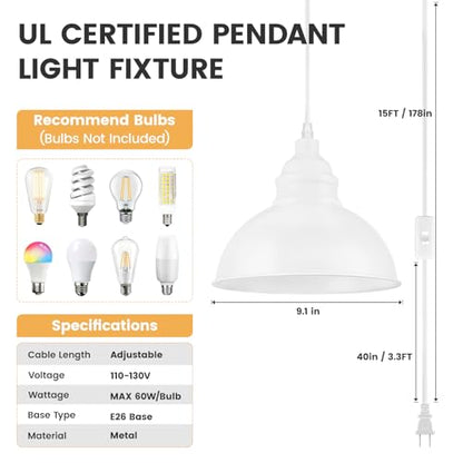 Plug in Pendant Light, 15FT Hanging Lights, On/Off Switch - color: White