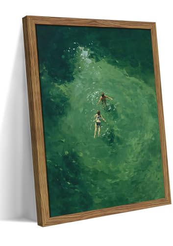 Framed Green Abstract Wall Art, Vintage Summer Swimming Canvas Wall Decor Painting, Minimalist Dark Green Water Landscape Poster Print Picture for Bathroom Bedroom Living Room 12x16 Inch - color: Green Swimming, size: 16"L x 12"W