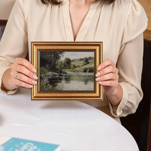 Vintage River Landscape Gold Framed Canvas Wall Art 8x10 inch - color: Stream landscape, size: 10"L x 8"W