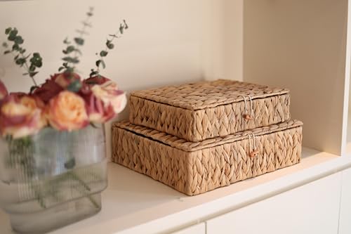 Wicker Storage Basket with Lid, Flat Water Hyacinth Baskets, Shallow Woven Basket for Shlef, Decorative Storage Boxes for Organizing