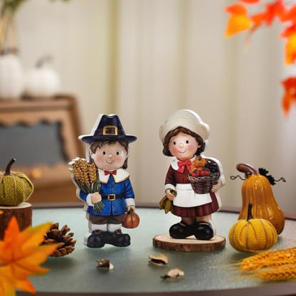 Yuntau 2 Pcs Fall Figurine Decor Wooden Pilgrim Figurines for Thanksgiving - style: Pilgrim