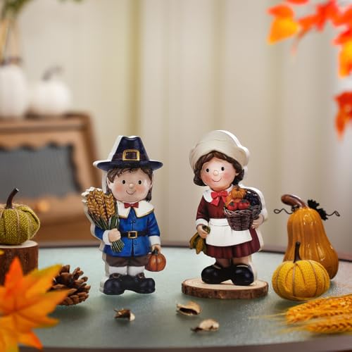Yuntau 2 Pcs Fall Figurine Decor Wooden Pilgrim Figurines for Thanksgiving - style: Pilgrim