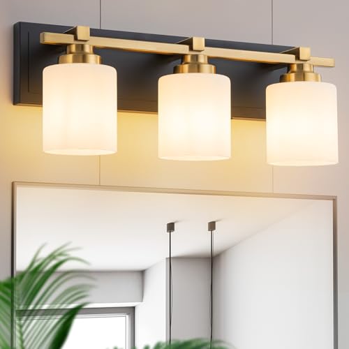 Modern Bathroom Light Fixtures Over Mirror, Vanity Lights for Bathroom Wall Sconces with Milky White Glass Shades, E26 Socket (Bulbs Not Included), 3 Light, Black Gold - color: Black Gold, size: 19.68 inch-3-Light