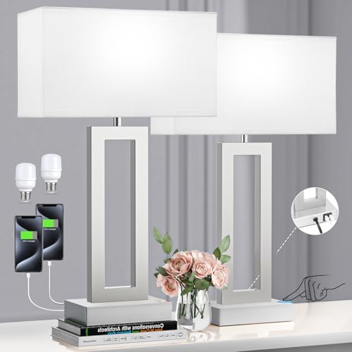 Seealle 22" Tall Bedroom Lamps for Living Room - Touch Brushed Nickel Bedside Lamps with USB C+A, 3 Way Dimmable Lamp for Nightstand, Modern Night Stands Lamps for End Tables(White&Silver) - color: D. White&Silver, size: Large(22in)