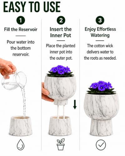 Self Watering Pots for Indoor Plants, 6 Inch Ceramic African Violet Pot - color: Marble 6″