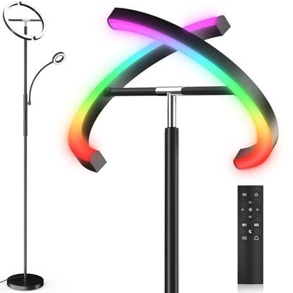 SIBRILLE Upgraded 36W RGBCW Floor Lamp with Ring Reading Lamp, Rotatable Remote Control LED Standing Lamp Dimmable Floor Light Modern Standing Light for Living Room Bedroom Home Office, Black - color: 2-in-1