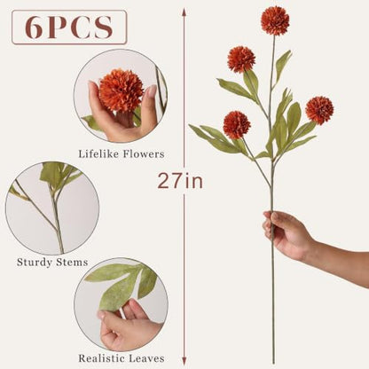 VIERENA 6 Pcs 27" Artificial Fall Pompon Mum Flower Stems for Vase (Orange) - color: Orange