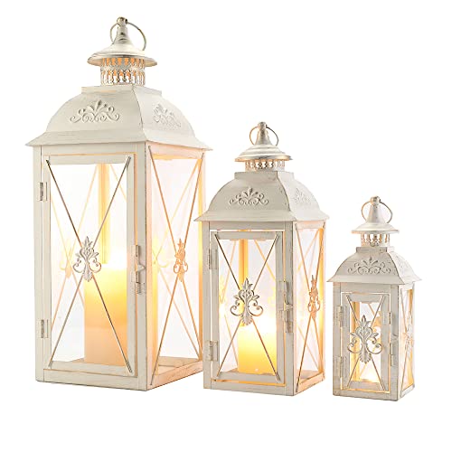 TRIROCKS 3-Pack Decorative Lanterns - 19" Vintage Metal Candle Holders with Tempered Glass - Perfect for Christmas, Living Room, Garden, Patio, Indoor & Outdoor Events (White with Gold Brush Finish) - color: White, size: Set of 3