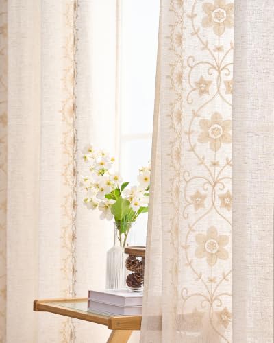 Beige Boho Farmhouse Floral Linen Curtains 72 Inch Grommet 2 Panels - color: Ivory on Beige, size: 52"W x 72"L (Pack of 2)