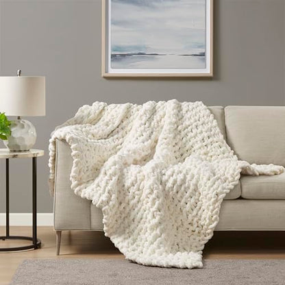 Madison Park Chenille Chunky Knit All Season Throw Blanket, 50 x 60, Ivory - color: Ivory