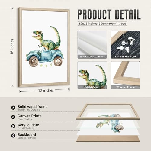 Dinosaur Nursery Wall Art Kids Canvas Poster Baby Boy Nursery Wall Decor Green Dino Pictures Toddler Prints Cartoon Dino Car Painting Boys Room Artwork for Bedroom Bathroom 12x16x3 Inch White Framed - color: Dinosaur Car Prints, size: 12"x16" Framed