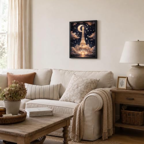 Framed Canvas Wall Art Paris Eiffel Tower Moon Night Wall Decor, 12x16 Inch - color: Gold2