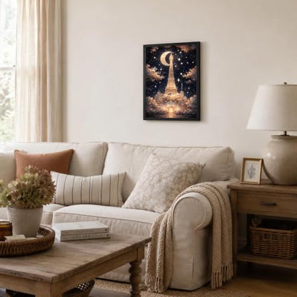 Framed Canvas Wall Art Paris Eiffel Tower Moon Night Wall Decor, 12x16 Inch - color: Gold2