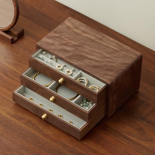 Wooden Jewelry Box, Large, Black Walnut Wood - size: 3 drawers