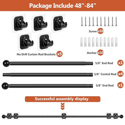 Adhesive Curtain Rod No Drilling for Renter 48 to 84 Inch Adjustable, Black - color: 1PCS Black, size: 48 to 84"