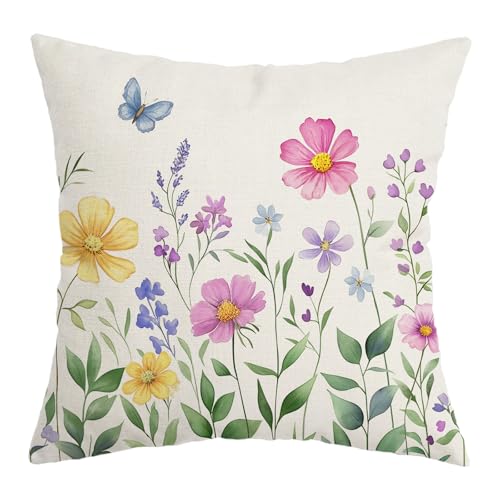 AACORS Spring Pillow Cover 18X18 Inch Multi-Colored-Flowers Butterfly Decorations Seasonal Summer Cushion Case Decor for Home Sofa Couch AA056-18 - size: 18" x 18" (Pack of 1)