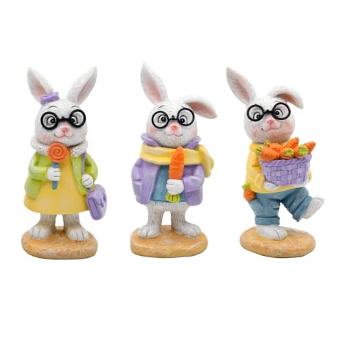 nuvagiki Spring Decorations for Home,3PCS Spring Bunny Figurines Decor, Rustic Farmhouse Bunny with Basket, Carrot Kitchen Table Tiered Tray Decor, Spring Office Classroom Decorations