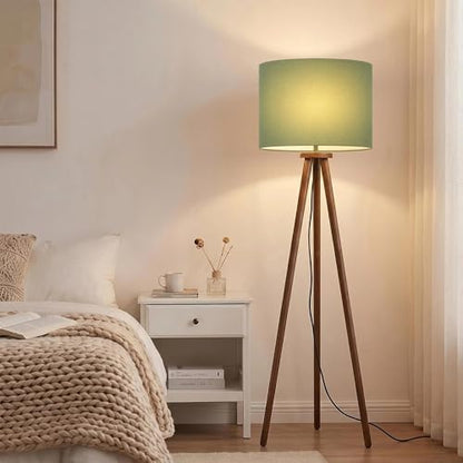 Buruis 60.6 Inch Walnut Wood Tripod Floor Lamp with Linen Drum Shade, Green - color: Green