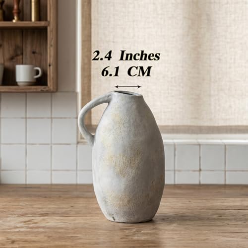 Rustic Ceramic Vase with Handle, 10.3 Inch, Handmade Decor - color: White Gray