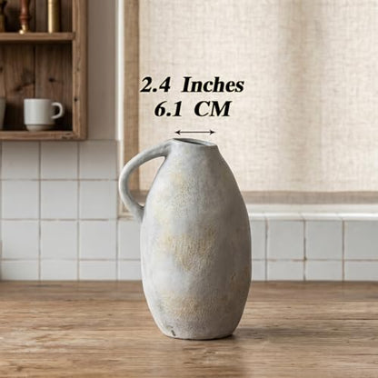Rustic Ceramic Vase with Handle, 10.3 Inch, Handmade Decor - color: White Gray