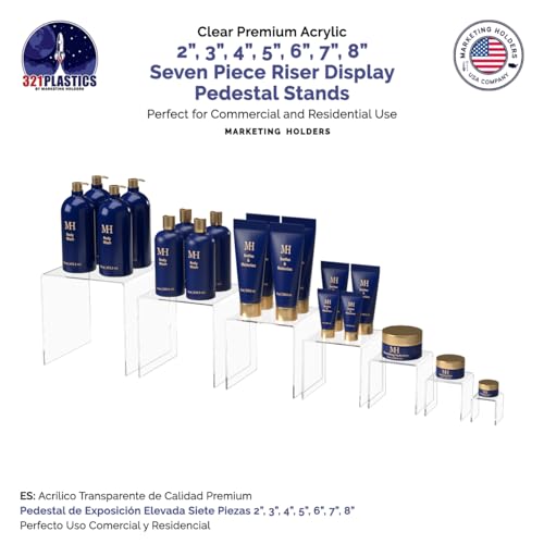 Marketing Holders Acrylic Riser Display Stands 2" Through 8" High 7 Pieces Clear Plastic Countertop Decorative Pedestal Tabletop Showcase for Jewelry Stores and Florists - size: 2"-7" Clear Risers