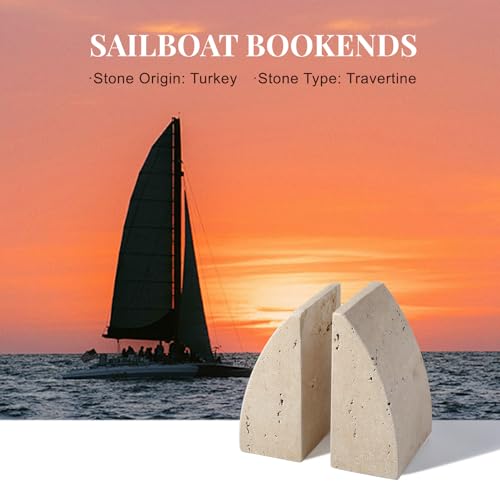 Koville Travertine Bookends for Shelves, Large Stone Bookends for Heavy Books, Non-Slip Heavy Duty Book Stopper for CD/Movies, Aesthetic Decorative Book Ends for Bookshelf Table Home Decor(Beige) - color: Sail-travertine