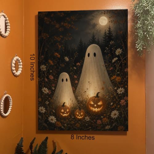 Halloween Wall Art Decor Ghost Pumpkin Wildflowers Canvas Print Framed - color: D