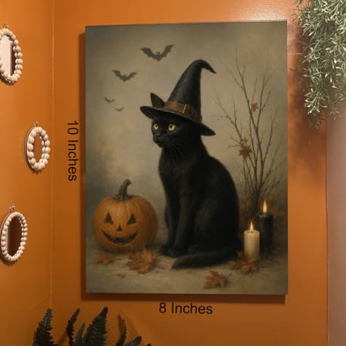 Halloween Wall Art Decor Black Cat Witch Pumpkin Canvas Print Framed - color: C
